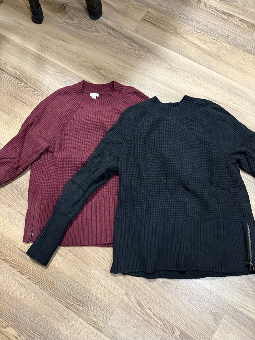 Set of 2 LL Bean Crewneck Waffle Knit Sweaters - Black & Burgundy